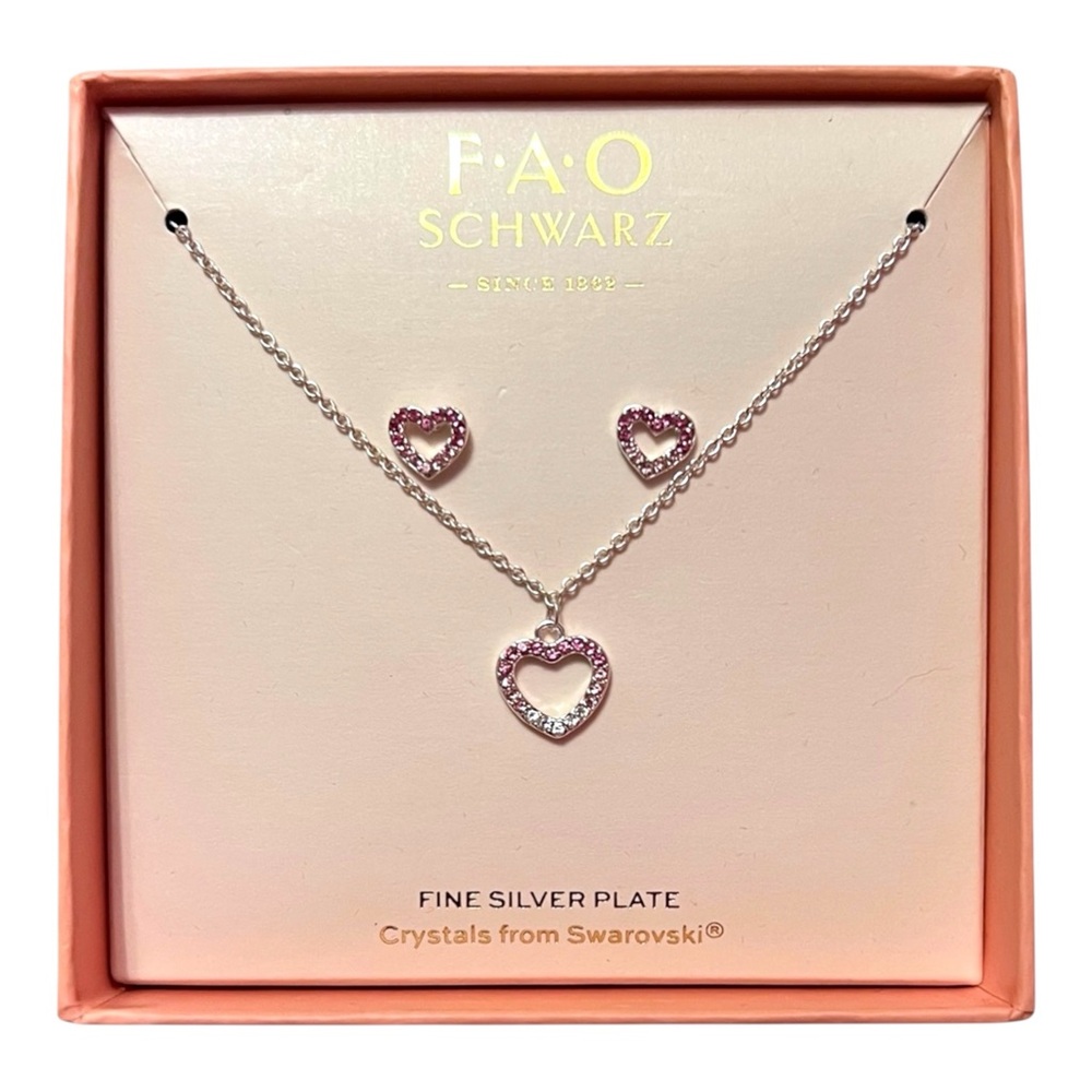 F.A.O. Schwarz Fine Silver Plated Pink And White Crystal Heart Necklace & Studs